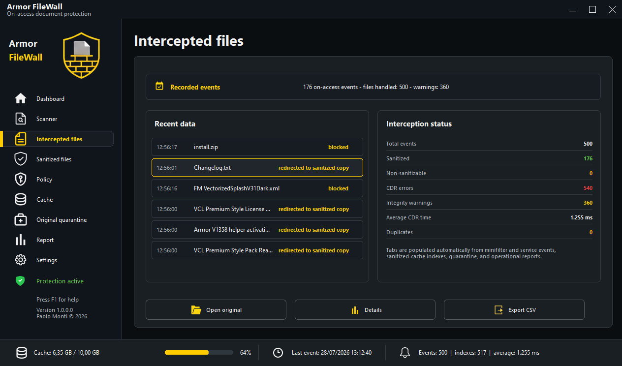 Armor FileWall intercepted-files page showing recent events and interception statistics