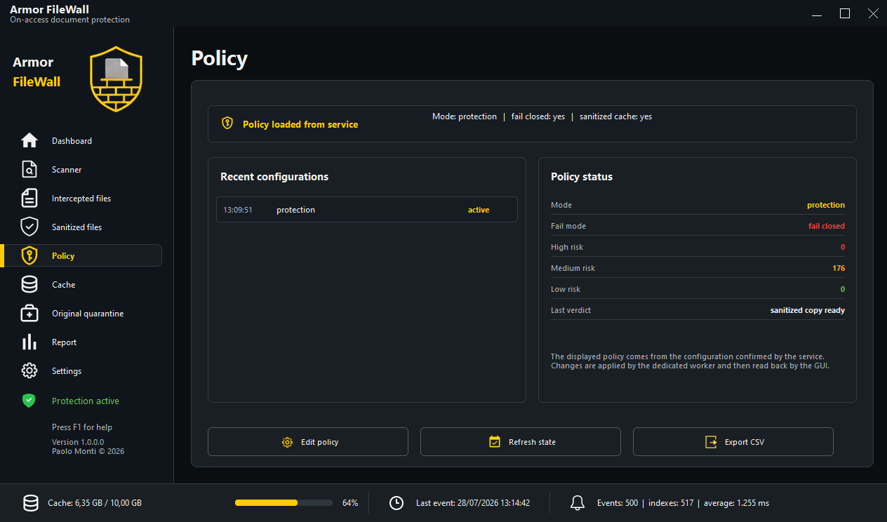 Armor FileWall Policy page showing active configuration, fail-closed mode, and risk statistics