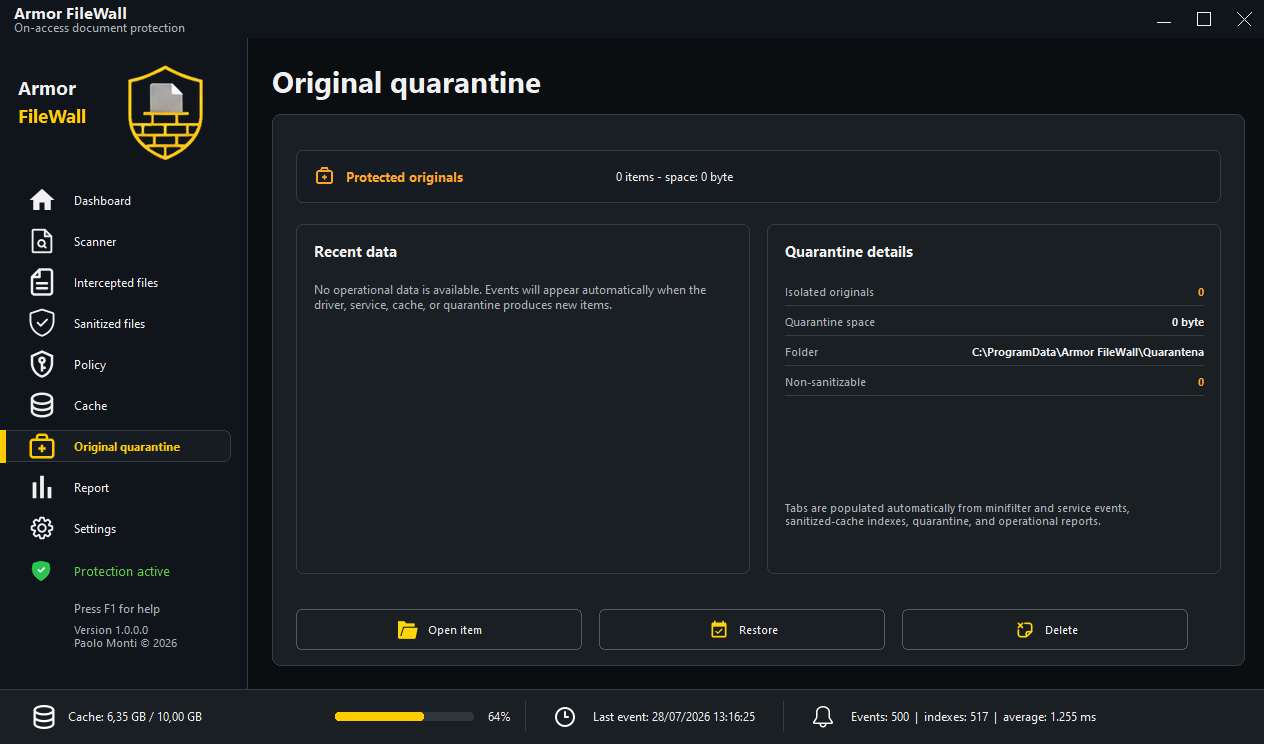 Armor FileWall original-quarantine page showing isolated-item status and management commands