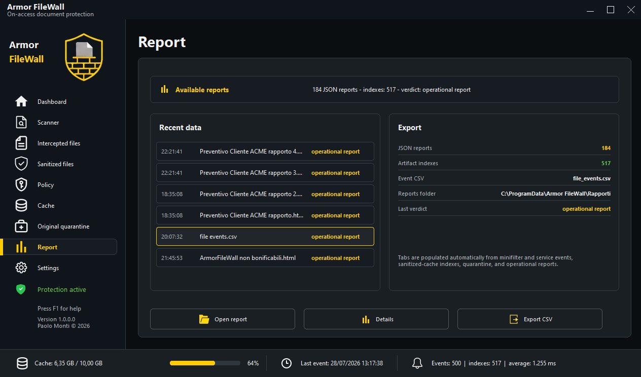 Armor FileWall Report page showing activity summaries and operational data