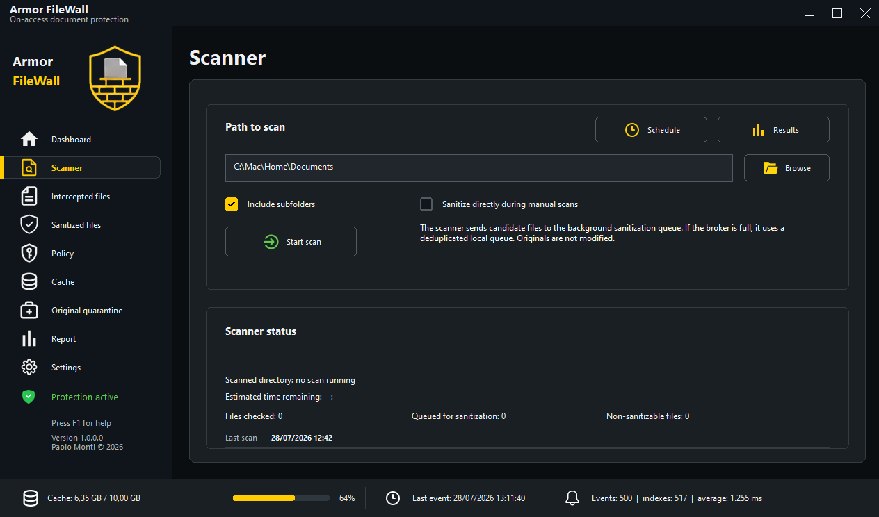 Armor FileWall Scanner page showing path selection, options, and scan status