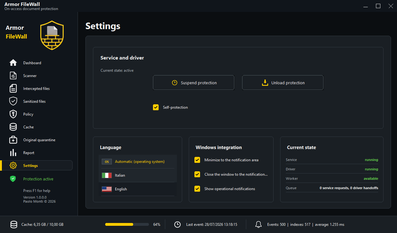 Armor FileWall Settings page showing service and driver controls, language, Windows integration, and current status
