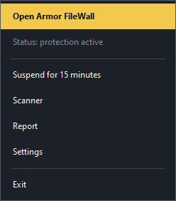 Armor FileWall notification-area popup showing status and shortcuts to primary actions