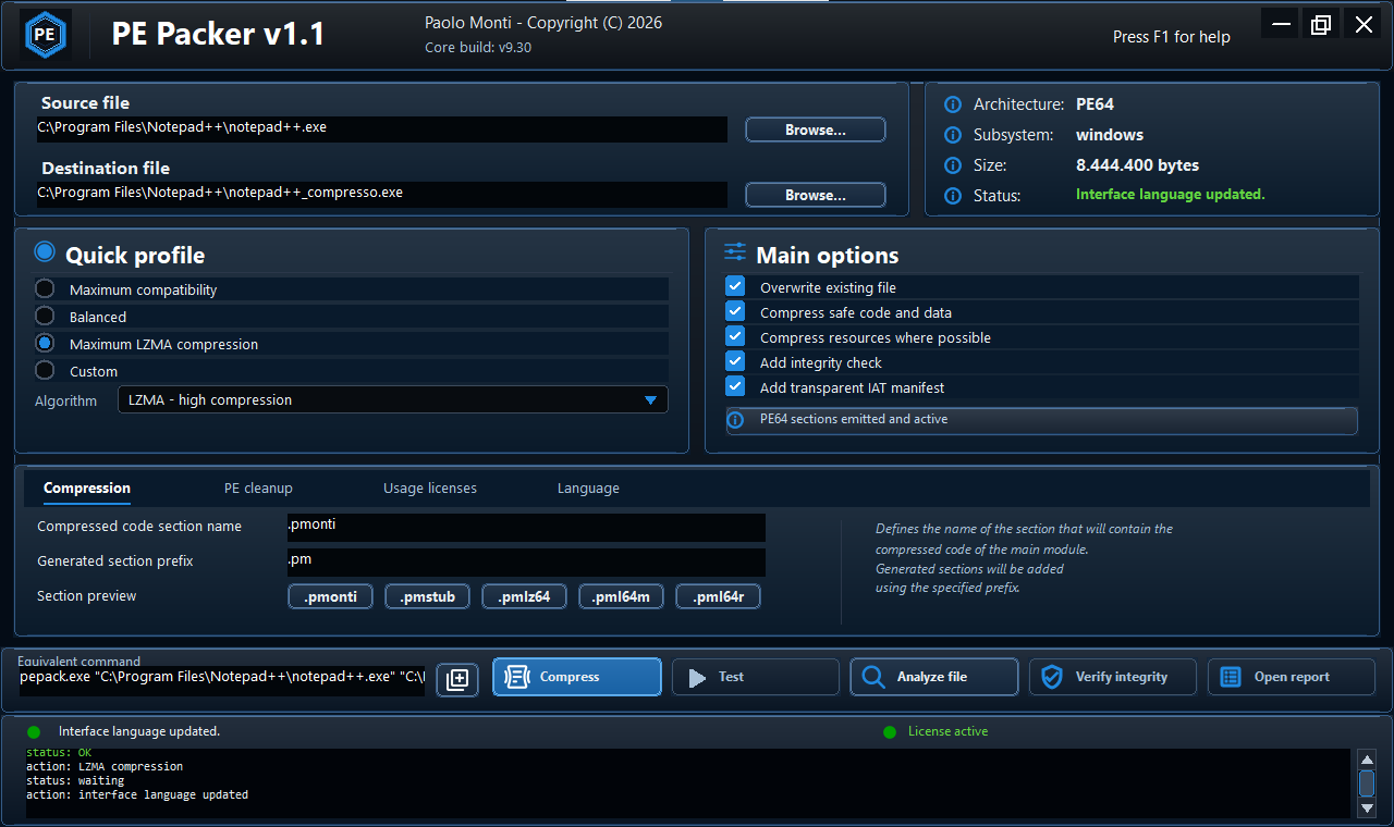 PE Packer dashboard showing source and destination files, profiles, LZMA algorithm, integrity options, and report access