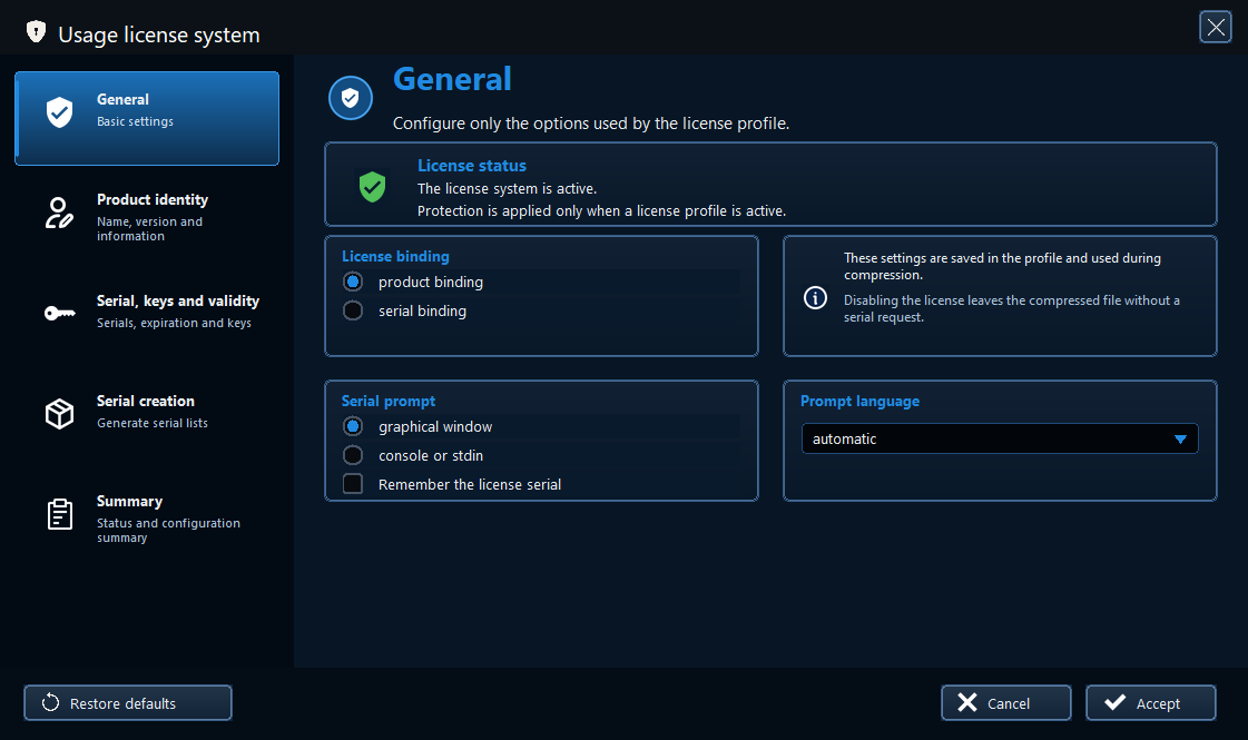 PEPack usage-license General page showing status, binding, serial prompt, and prompt language