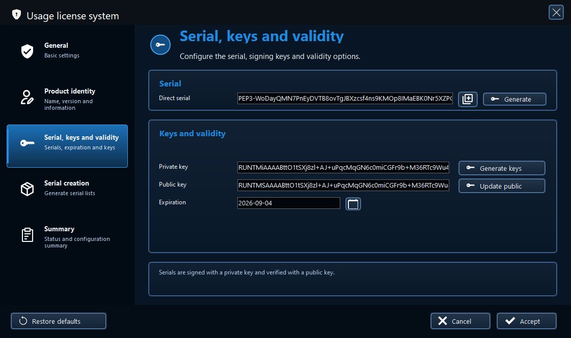PEPack Serial, keys, and validity page showing a demo serial, signing keys, and expiration