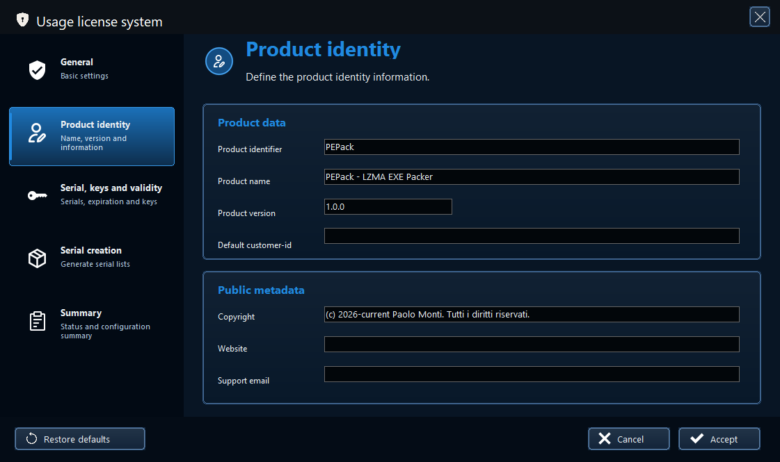 PEPack Product identity page showing identifier, name, version, and public metadata