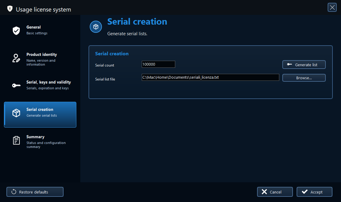 PEPack Serial creation page showing serial count and destination file