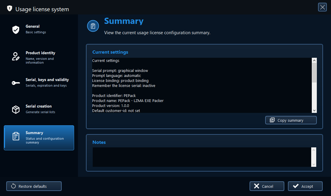 PEPack usage-license Summary page showing the current configuration and notes